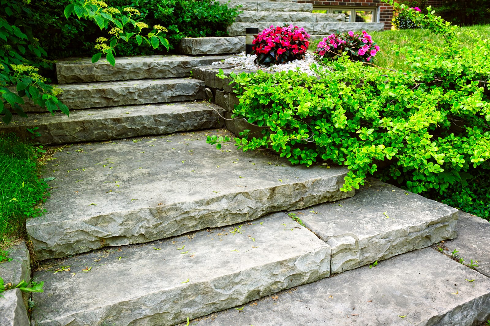 Gerenoveerde voortuin in Vorden met stenen trappen, sierwassen en hortensias, aangelegd door Sunny Hoveniers met DCM meststoffen.