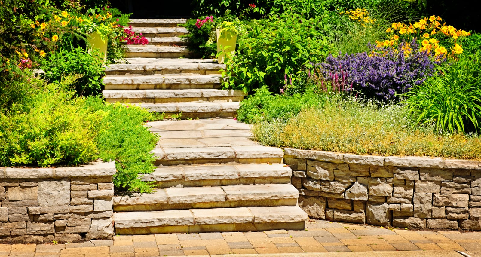 Tuinaanleg Sunny Hoveniers in Vorden met stenen trappen, sierwassen, hortensias en DCM-meststoffen voor een groene voortuin.
