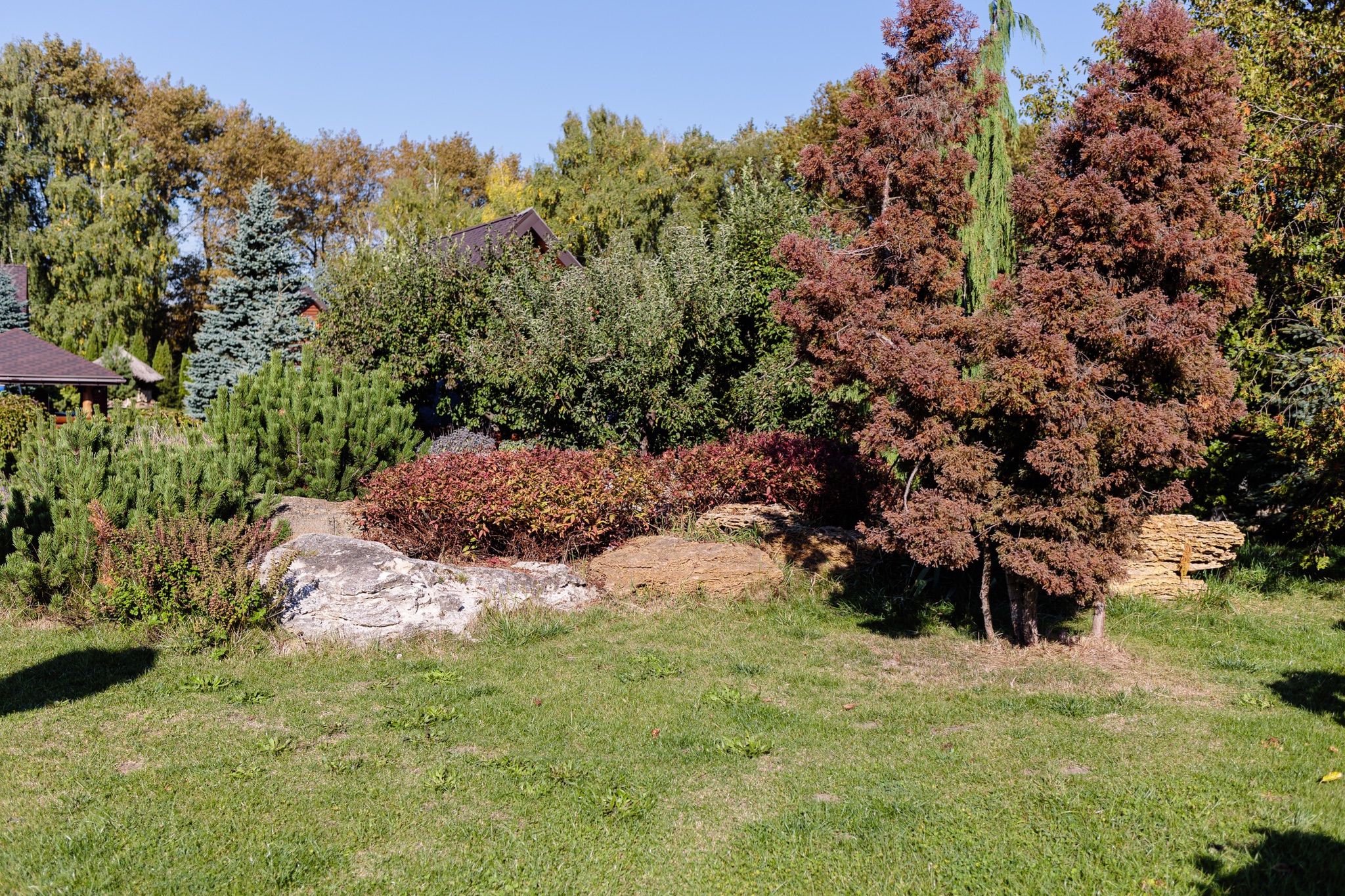 Tuin in Gorssel met nieuw aangelegd grasveld en verzorgde border met heuchera, hortensia’s en siergrassen langs natuurstenen pad.